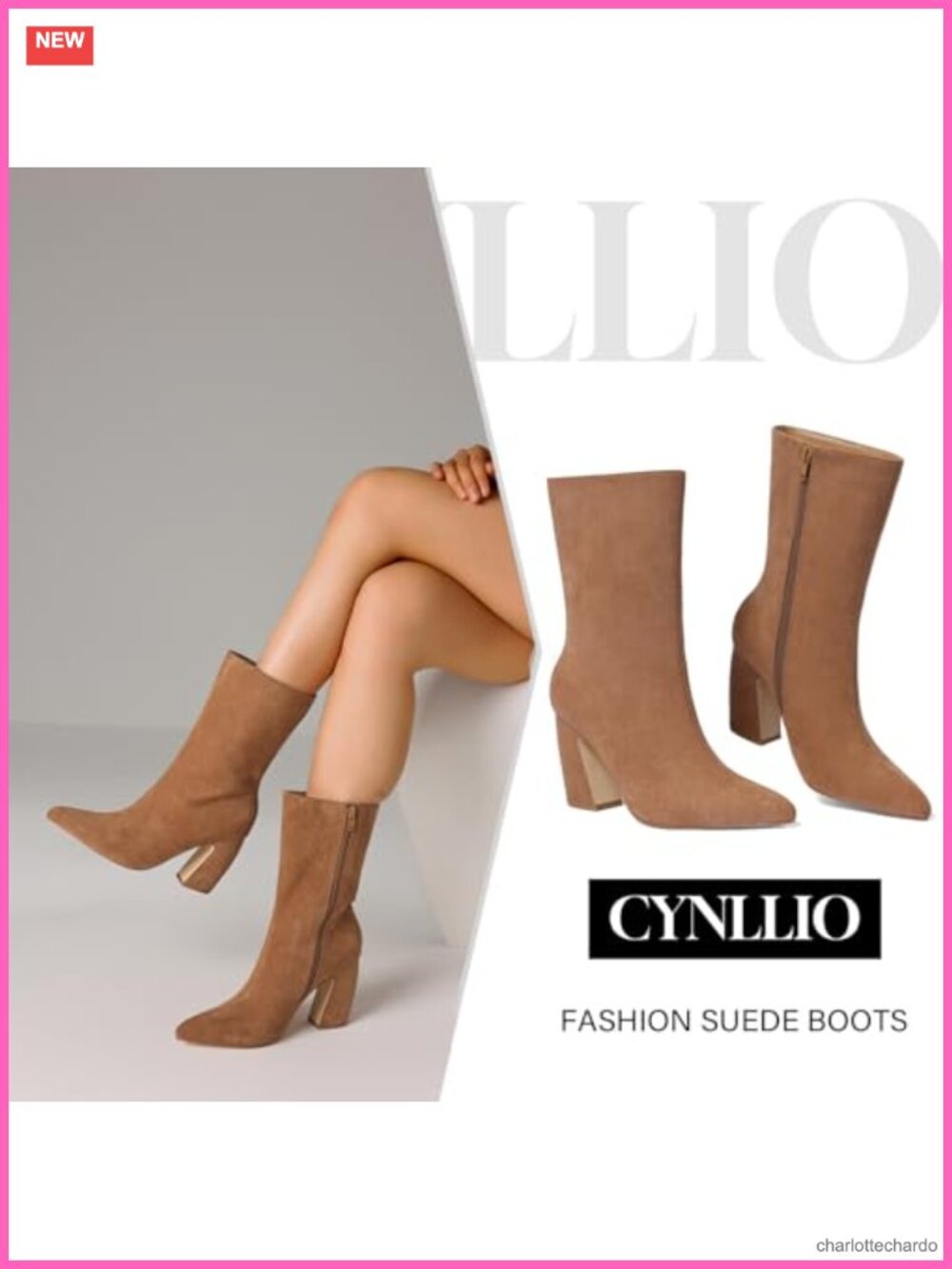 Women's Faux Suede Ankle Booties Chunky Block Heel 3.35" Pointed Toe Zip - Picture 5 of 6